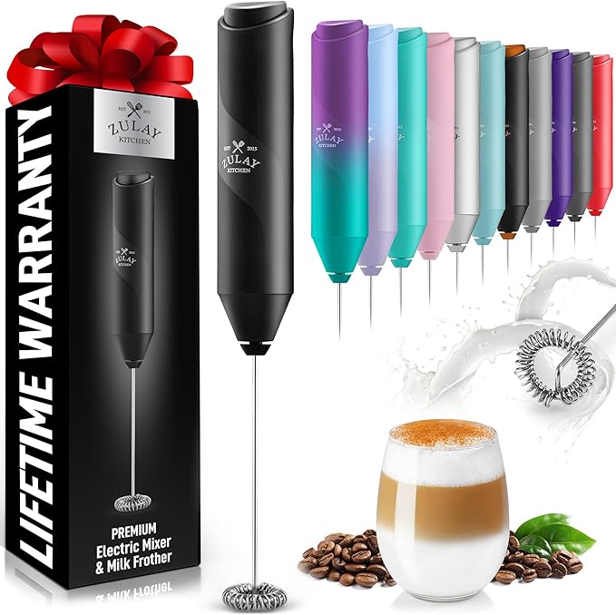 Zulay Powerful Milk Frother Wand - Mini Handheld Stainless Steel - Battery Operated Drink Mixer for Coffee, Lattes, Cappuccino, Matcha - FrothMate Gift - Black