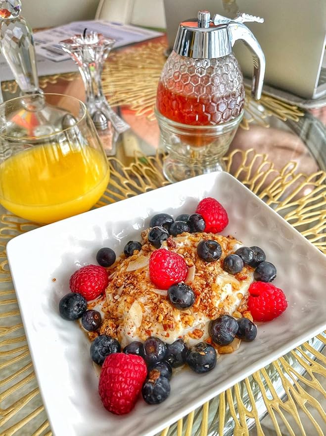 Glass Honey Dispenser – No Drips, No Trails Honey Container 8 Oz with Stand – Easy to Clean Honey Pot – Honey Jar with Dipper – Maple Syrup Dispenser – Syrup Holder with Honeycomb Design