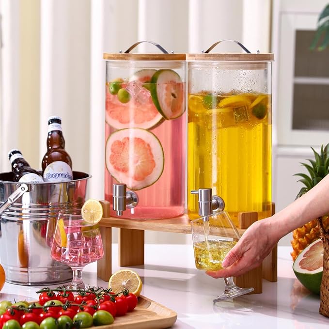 2 PCS Glass Drink Dispenser Set 1.5 Gallon With Stand, Spigot, Large Water Drink Dispensers for Parties for Lemonade, Juice, and Wedding, Bars