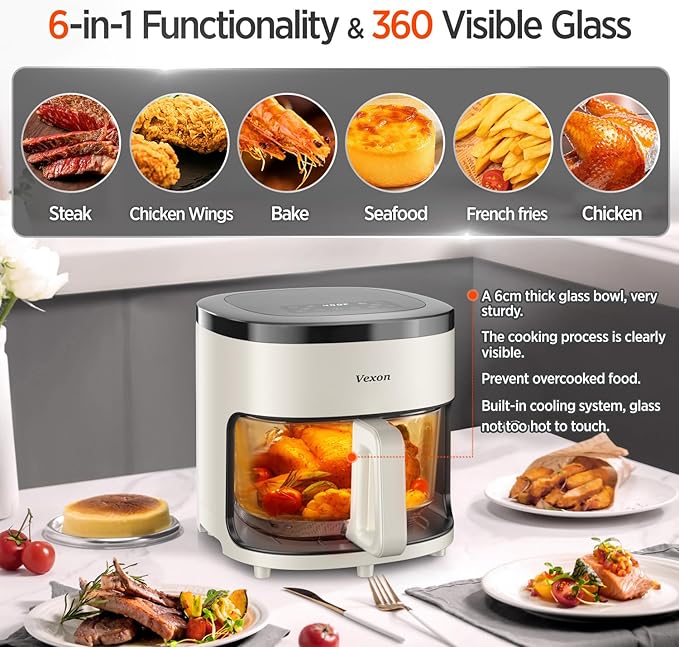 6-IN-1 Glass Air Fryer,4.5QT Air Fryer with Viewing Glass Pot, Air Fry, Roast, Reheat, Dehydrate, Air Crisp Technology,Nonstick & Dishwasher Safe Basket,97% Less Oil,Features Digital Timer