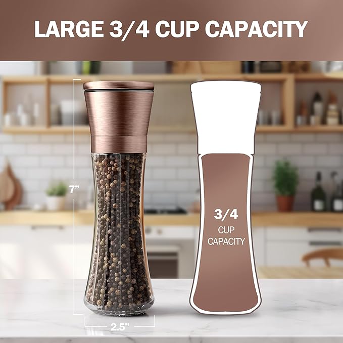 Home EC Original Copper Salt and Pepper Grinder Set of 2 - Adjustable Ceramic Grinder - Tall Glass Salt and Pepper Shakers With Funnel and Ebook - Kitchen Spice Mill - Copper Kitchen Accessories