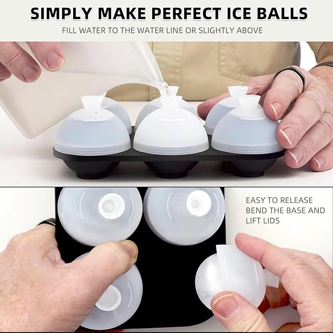 Whiskey Cocktail Ice Mold, Easy Fill and Release Silicone Round Ice Ball Maker Mold Large Square Ice Cube Tray with Lid - 6 Ice Balls + 6 Ice Cubes Black