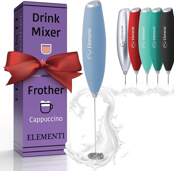 Elementi Milk Frother Wand - Powerful Hand Frother for Coffee - Handheld Electric Whisk, Milk Foamer, Mini Whisk & Coffee Blender for Frappe, Lattes, and Matcha (Pastel Blue)