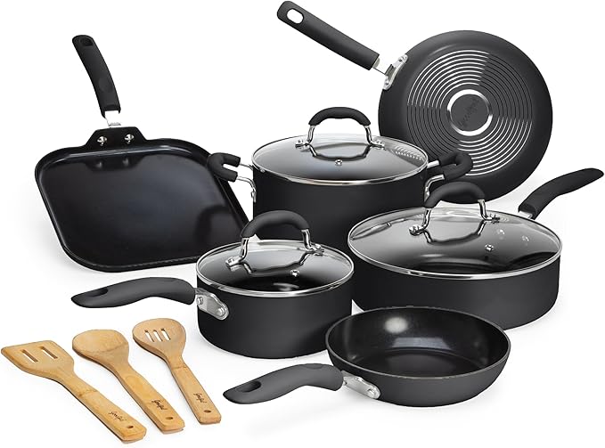 Goodful Ceramic Nonstick Pots and Pans Set, Premium Ceramic Coating Made without PFOA, PTFE or PFAS, Dishwasher Safe, 12-Piece, Charcoal Gray