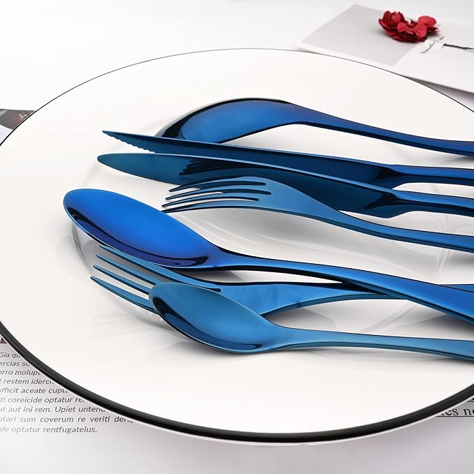 Blue Tableware 20Pcs Mirror Polished 18/10 Stainless Steel Luxury Flatware - Heavy Cutlery Set Service For 4 Include Knives/Forks/Spoons/Salad Fork/Teaspoon, Dishwasher Safe