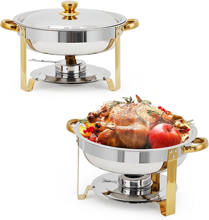 Garvee 2 Pack Chafing Dishes for Buffet, 5 QT Round Buffet Servers and Food Warmer Set with Lid, Stainless Steel Chafers for Catering Parties Wedding Banquet, Gold