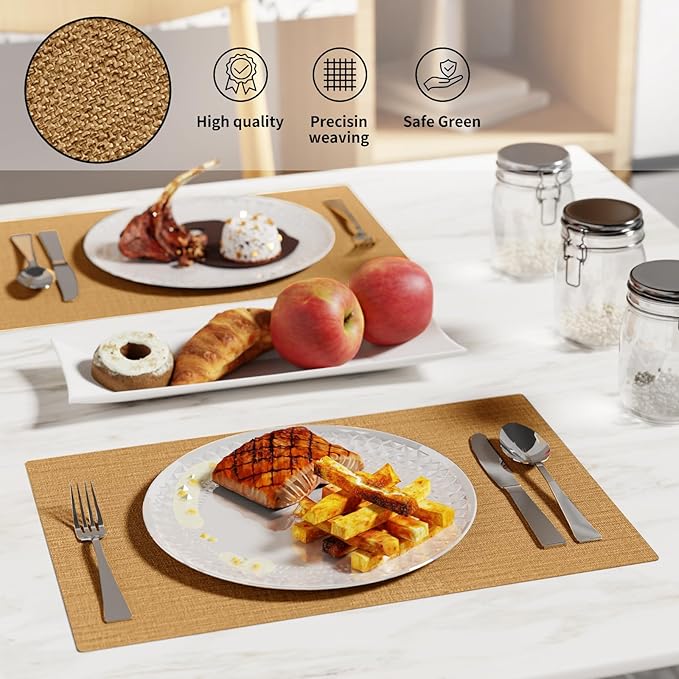 Cloth Placemats, Set of 6 Heat-Resistant Cotton Linen Blend Double Layered Machine Washable Place Mats, Wrinkle Free Thick Fabric Dining Table Mats for Indoors & Outdoors (Natural Linen, 6)