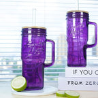 ANOTION Glass Cups with Handle, 24oz Glass Cups with Lids and Straws Travel Coffee Mug Bamboo Mason Jar Iced Cup Smoothie Tea Clear Cute Water Drinking Jars Glasses, Purple