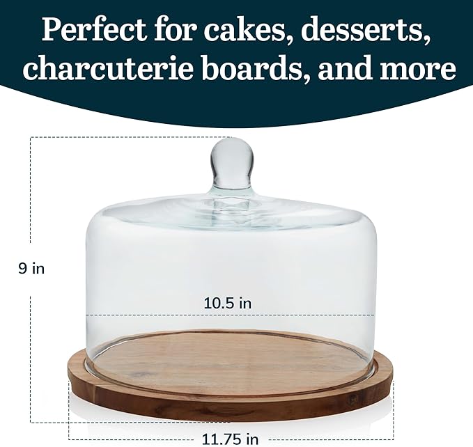 Libbey Acacia Wood Cake Stand with Dome Lid, Ball Top Handle Cake Holder with Lid, Covered Cake Stand, Durable Glass Dome Cover