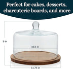 Libbey Acacia Wood Cake Stand with Dome Lid, Ball Top Handle Cake Holder with Lid, Covered Cake Stand, Durable Glass Dome Cover