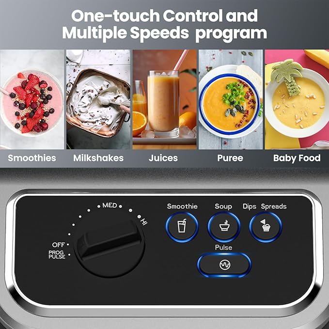 iCucina 1500w Blender for Kitchen with Pre-set Blending Programs, 64oz Heavy Duty Profession-grade Blender for Smoothies, Soups, Dips, Nut Butters, BPA-Free Tritan Jar