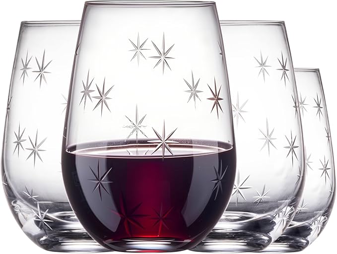 SHOSHIN Stemless Wine Glasses Set of 4 – 18oz Hand-Cut Lead-Free Crystal with Exquisite Star Pattern, Dishwasher Safe, Perfect for Parties and Weddings