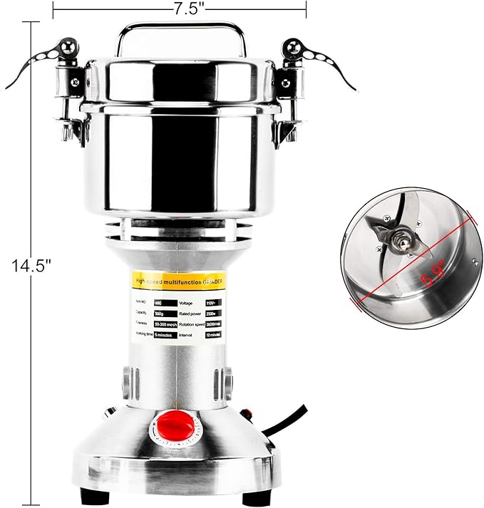 Homend High Speed 500g Electric Grain Mill Grinder Powder Machine Spice Herb Grinder 2500W 70-300 Mesh 36000RPM Stainless Steel Commercial Grade for Kitchen Herb Spice Pepper Coffee (500g)