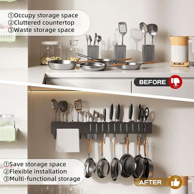 NET MEYA Stainless Steel Pot and Pan Hanger,Wall Mounted Pot Rack Kitchen Hanging Rail With S Hooks,Detachable Pans Hanging Rail Kitchen Lids Utensils Hanger,23.7 Inch Wall Mounted Hanging Pot Rack