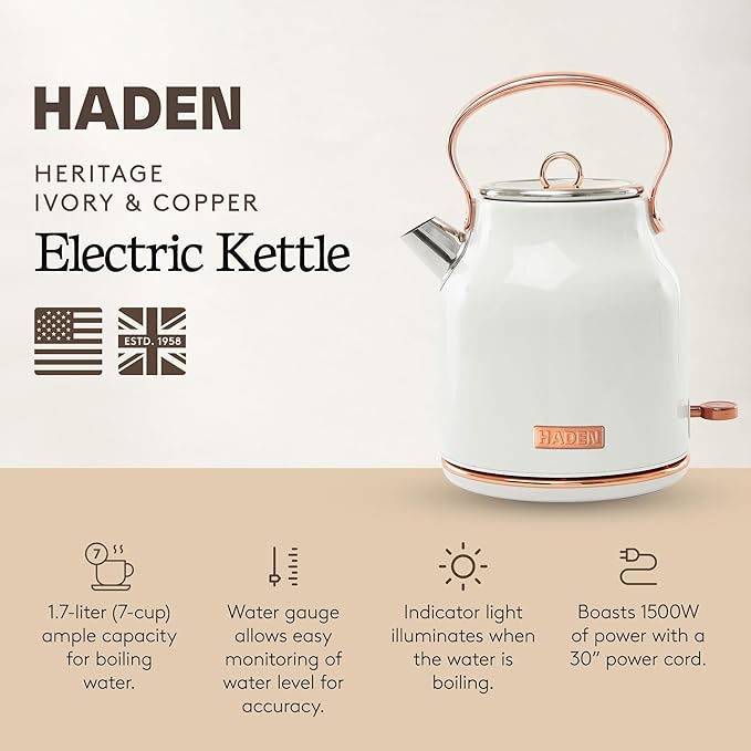 Haden Heritage 1.7 Liter Stainless Steel Electric Kettle, Hot Water Kettle with 360-Degree Base and Auto Shutoff, Ivory & Copper