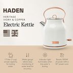 Haden Heritage 1.7 Liter Stainless Steel Electric Kettle, Hot Water Kettle with 360-Degree Base and Auto Shutoff, Ivory & Copper
