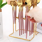 Pink Gold 24Pcs Flatware Set With Stand, Lightweight Dinnerware Set Stainless Steel Cutlery With Pink handles For Home Kitchen Wedding Party And Daily Use,Service For 6, Mirror Polish