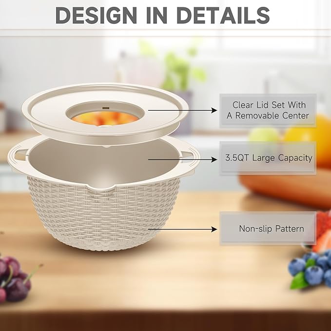 4-1 Colander with Bowl Set - Rotatable Colander Bowl with Measuring Spoons - Fruit Strainer Bowl, Food Strainers and Colanders Funny Presents for Women, Aesthetic Kitchen Gadget Essentials - Beige