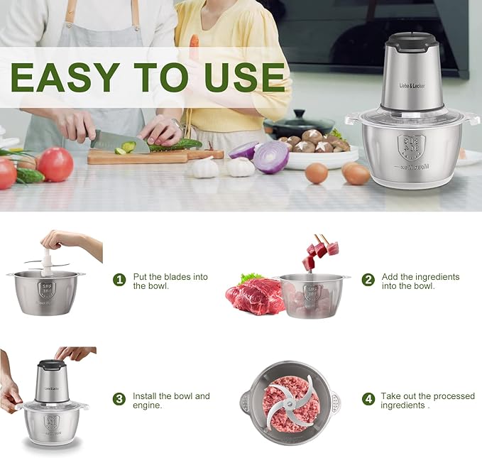 Liebe&Lecker Food Processor, Meat Grinder with 1 Bowl 8 Cup, Electric Food Chopper with 4 Large Sharp Blades for Meat, Fruits, Vegetables, Baby Food, Nuts, 2 Speed, 350W