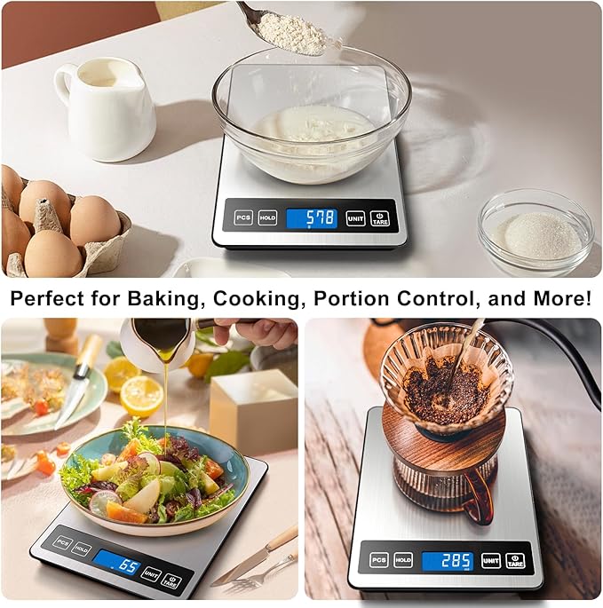 Fuzion Food Scale, 1g/0.1oz Digital Kitchen Scale - 22lb, 7 Units, Tare & PCS, Rechargeable Power, Tempered Glass & Stainless Steel - Food Weight Scale Grams and Ounces for Cooking, Baking