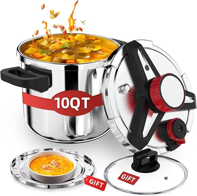 3-In-1 Stainless Steel Pressure Cooker 10 QT: [Save 70% Time] [3 PSI Settings], One-Hand Locking, Induction Compatible, Glass Lid & Steamer Rack Included, Olla de Presion