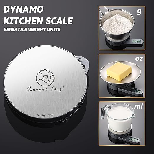 Gourmet Easy Dynamo Food Scale for Kitchen, Battery-Free Technology Kitchen Scale, Food Weight Scale, Weight in Grams & Ounces, Multifunctional Food Scale for Cooking, Baking & Meal Prep, Round