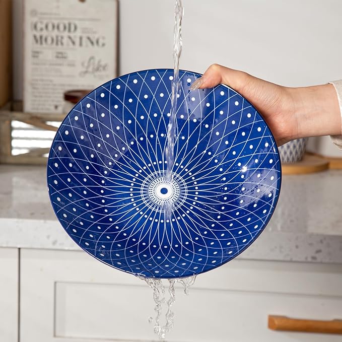 Ceramic Pasta Bowls Set - 40 Oz Porcelain Large Salad Bowls Serving - 9 Inch Wide Shallow Plate Bowls for Eating - Housewarming Wedding Gift - Oven Dishwasher Safe - Set of 4 - Vintage Blue