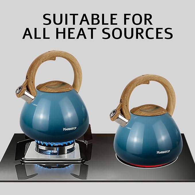 MARSKITOP Tea Kettle Stovetop Whistling Tea Pots for Stove Top Food Grade Stainless Steel Teapot for Induction Cooktop, 2.6 Quart, Blue