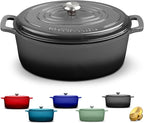 Signature Enameled Cast Iron Oval Dutch Oven | Non-Stick Serving Pot with Tight Fitting Lid for Perfect Roasting, Baking, Sauteing, and Bread Making | 6.75Q [Oyster Grey]