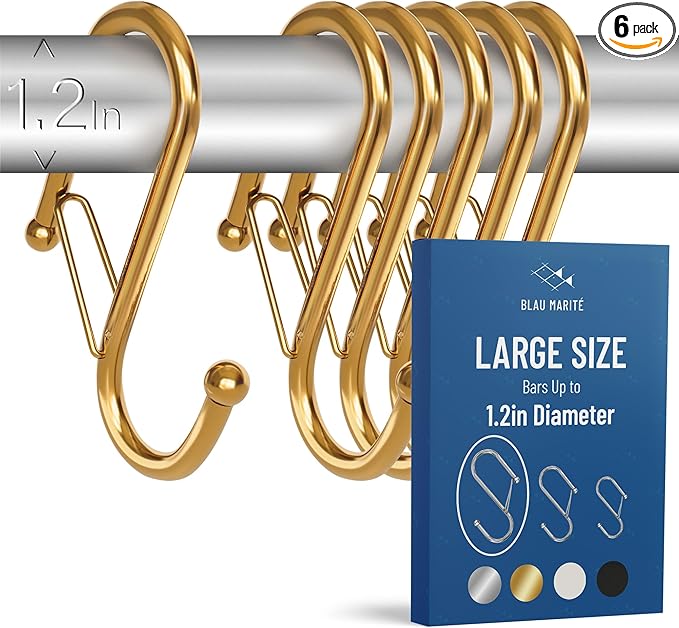 6-Pack Metal S Hooks for Hanging – Heavy-Duty S-Shaped Hook with Safety Buckle – Fits Bars up to 1.2 in – Anti-Drop S-Hooks for Closet, Wardrobes & Storage – Golden (Large)