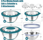 TeamFar Mixing Bowls with Colander Set, Stainless Steel Strainer and Nesting Salad Bowls, with Lids & 3 Graters, Non-Slip Bottom & Visible Lid, Rotatable & Dishwasher Safe, 4.6/3/1.5 QT, Blue