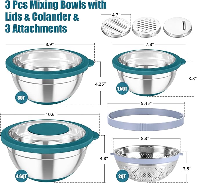 TeamFar Mixing Bowls with Colander Set, Stainless Steel Strainer and Nesting Salad Bowls, with Lids & 3 Graters, Non-Slip Bottom & Visible Lid, Rotatable & Dishwasher Safe, 4.6/3/1.5 QT, Blue
