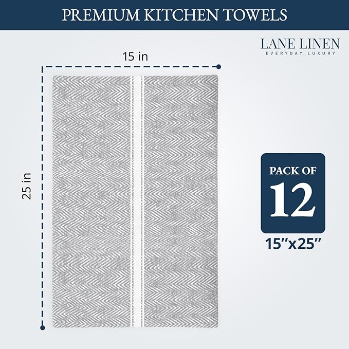 LANE LINEN Kitchen Towel Set, Pack of 12-14"x25" Tea Towels for Kitchen, Dish Drying Towels, Absorbent & Machine Washable, Soft & Durable, Reusable Cleaning Cloth for Glassware - Grey Chambray