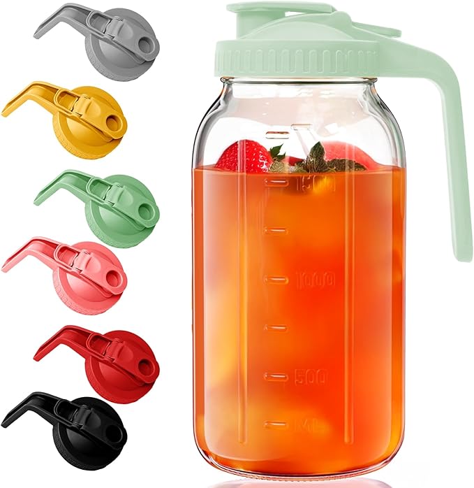 Glass Mason Jar Pitcher - 64 oz/2 Quart Wide Mouth Jug with Lid and Pour Spout, Airtight Seal, Leak Proof Iced Tea Pitcher for Sun Tea, Juice, Breast Milk, Cold Beverages, Coffe