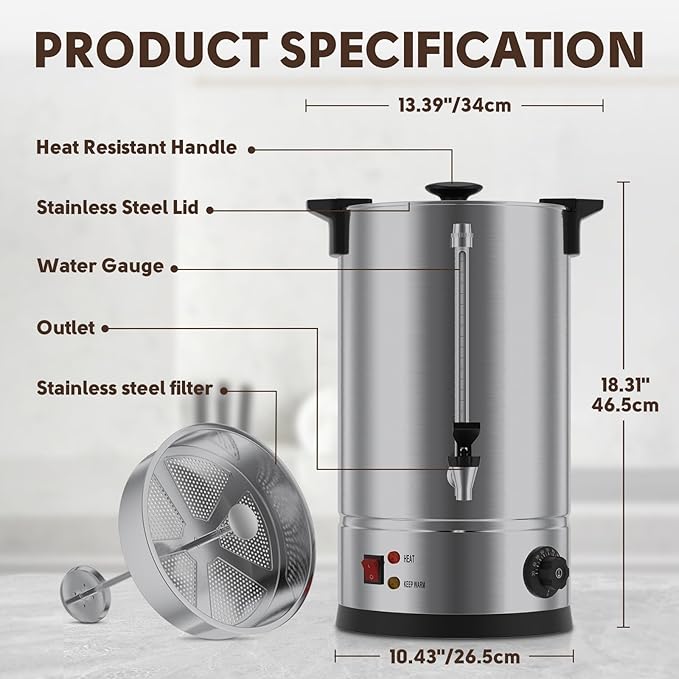 100 Cups Coffee Urn, Commercial Coffee Maker, Dual Wall Stainless Steel Coffee Urn Large Coffee Dispenser Insulated For Catering Business Wedding Party