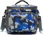 FlowFly Insulated Reusable Lunch Bag Adult Large Lunch Box for Women and Men with Adjustable Shoulder Strap,Front Zipper Pocket and Dual Large Mesh Side Pockets,BlueCamo