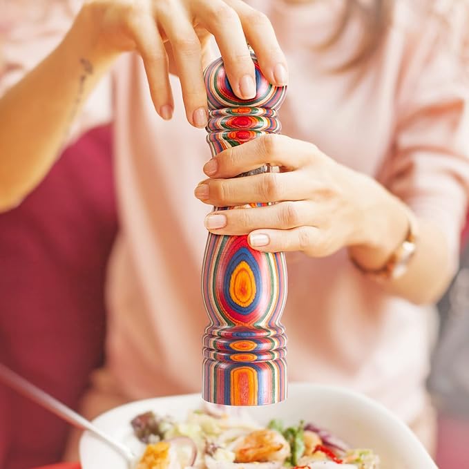 Baltique Marrakesh Pepper Grinder – 8 Inch Colorful Wooden Pepper Mill with Adjustable Stainless Steel Grinding Mechanism – Manual Wood Pepper Grinder for Kitchen or Table Use