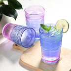6pcs Vintage Drinking Glasses Set, 12 oz Glass Cups, Embossed Ribbed Glassware Drinking Glasses for Cocktail, Water, Juice, Coffee, Whiskey