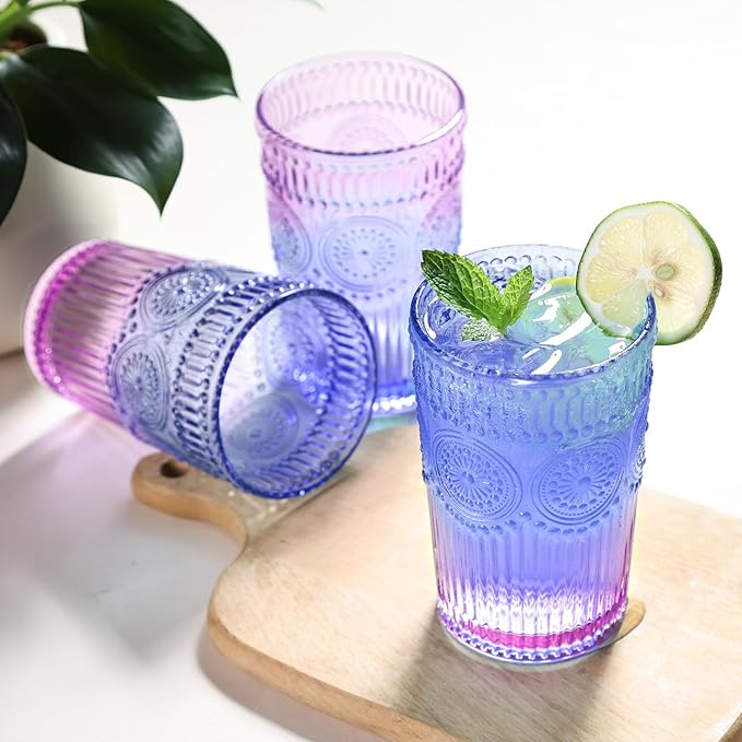 6pcs Vintage Drinking Glasses Set, 12 oz Glass Cups, Embossed Ribbed Glassware Drinking Glasses for Cocktail, Water, Juice, Coffee, Whiskey