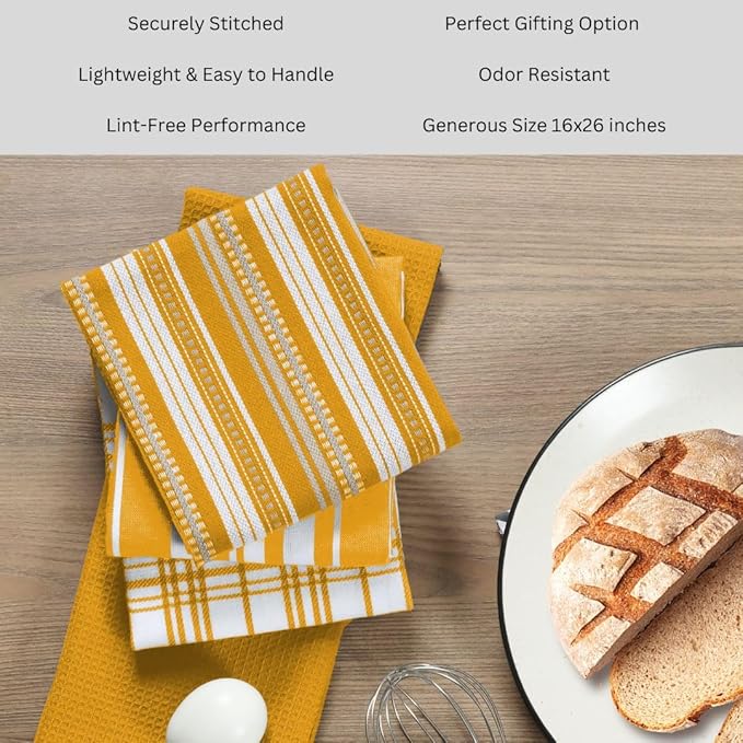 Assorted Kitchen Towels 16x26 Inch 100% Cotton Set of 5 - Dish Cloths Towels with Hanging Loop - Soft Absorbent Washable Tea Towels for Kitchen - Quick Drying Dish Towels Mustard Yellow
