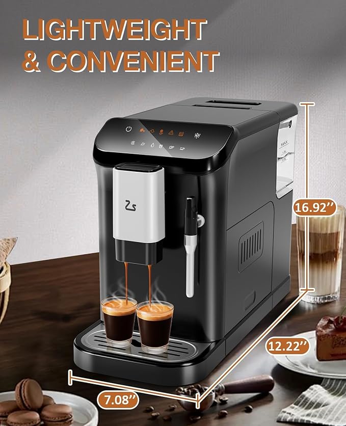 PeakPursuit Super-Automatic Espresso Machine, Grinder and Milk Frother, 20 Bar Pressure, Touchscreen Coffee Maker, 1.5L Removable Water Tank, One-Touch Cappuccino & Latte, Black