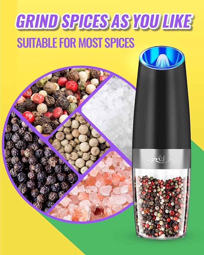 Gravity Electric Salt and Pepper Grinder Set, Automatic and Battery-Operated with Adjustable Coarseness, LED Light, One Hand Operated By Rongyuxuan