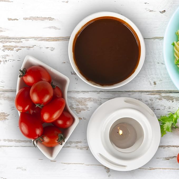 Fondue Set with 4 Dipping Bowls and 4 Forks, Ceramic Fondue Kit Premium Tea Light Porcelain Melting Pot for Cheese, Chocolate and Tapas