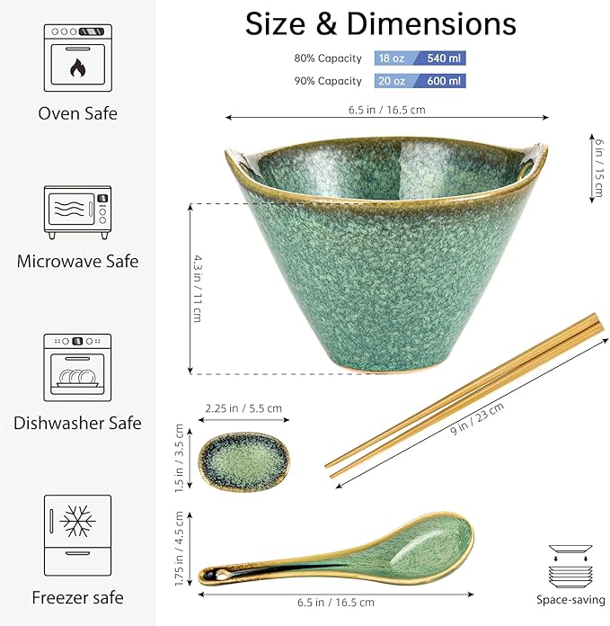 HENXFEN LEAD Japanese Ramen Bowls Set of 2 - Deep Ceramic Soup Bowls with Spoons, Chopsticks and Holder, 20 Oz Serving Dishes for Pho, Udon Noodle, Cereal