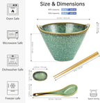 HENXFEN LEAD Japanese Ramen Bowls Set of 2 - Deep Ceramic Soup Bowls with Spoons, Chopsticks and Holder, 20 Oz Serving Dishes for Pho, Udon Noodle, Cereal
