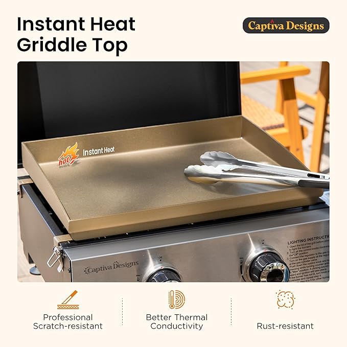 Captiva Designs 17 Inch 2 Burner Portable Propane Gas Griddle Grill with Lid, Outdoor Foldable Flat Top Grill with Stand for Barbecue, Camping and Tailgating