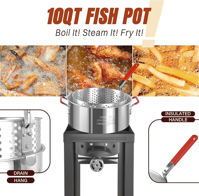 30QT Turkey Fryer & 10QT Fish Fryer Kit, Waterproof Cover & 12-inch Skimmer, 55,000BTU Propane Burner Stove, Aluminum Turkey Fryer Pot, Outdoor Deep Fryer, Crawfish Boiler with Basket