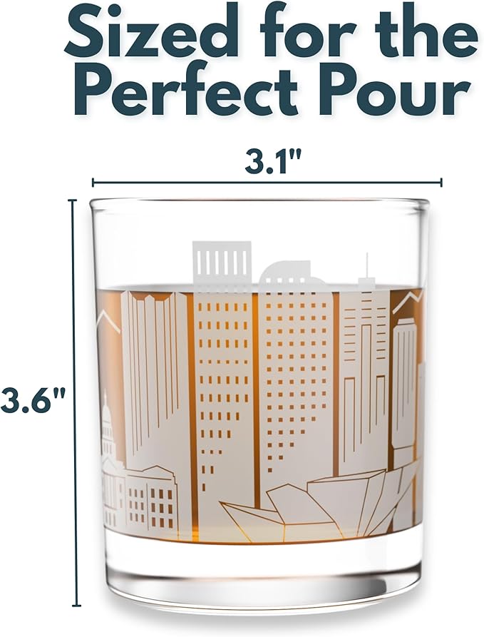 Greenline Goods – Denver, CO Skyline Whiskey Glasses (Set of 2), 10 oz – Rocks/Old Fashioned Tumblers