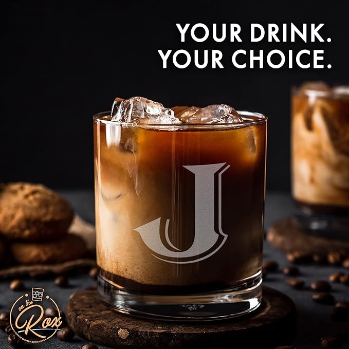 On The Rox Drinks (J-Monogram)- 4 Piece Set of 11 Ounce Engraved Heavy Base Rocks Glasses- Quality Elegant Glass-Multi-Purpose Beverage-Rocks Glass- Gift for any Occasion