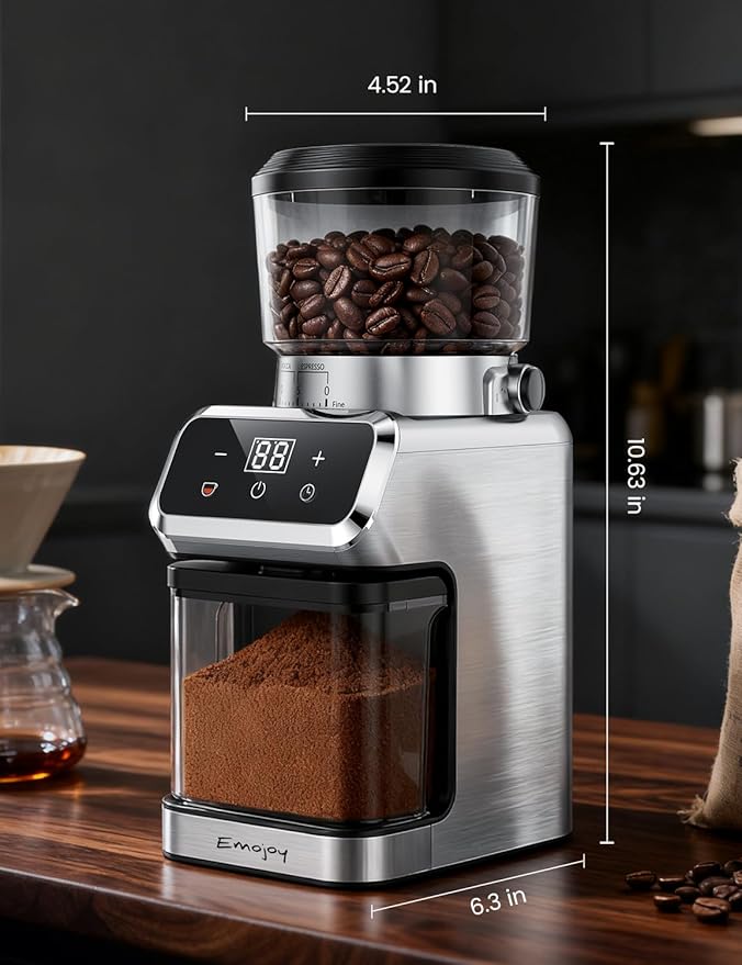 Coffee Grinder Electric, Emojoy Coffee Bean Grinder with 30 Grinding Settings, Burr Coffee Grinder for Home Use, Touchscreen and LED Control Panel, Stainless Steel Conical Burr Grinder